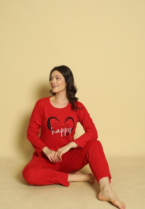 Pijama dama Serena-maneca lunga si pantalon lung, culoare rosu ,Engros
